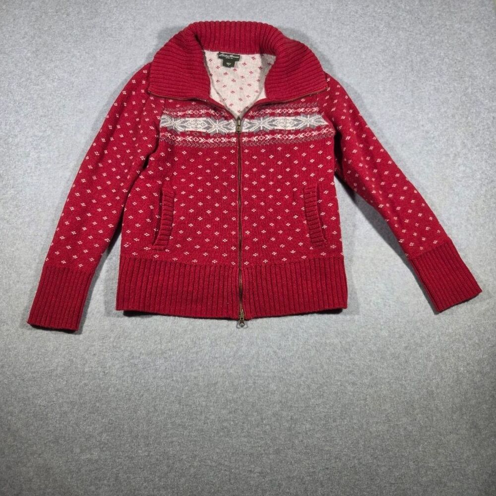 Eddie Bauer Womens M Red Fair Isle Snowflake Full Zip Wool Blend Sweater